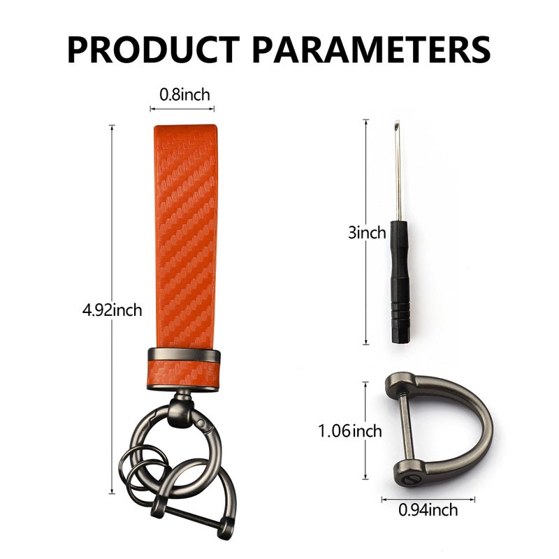 Turcee Carbon Fiber Car Keychain Automotive Interior Accessories Keychains Leather Car Key Fob Car Accessories Key Ring&Anti-Lost D-Ring(Orange) - Image 2